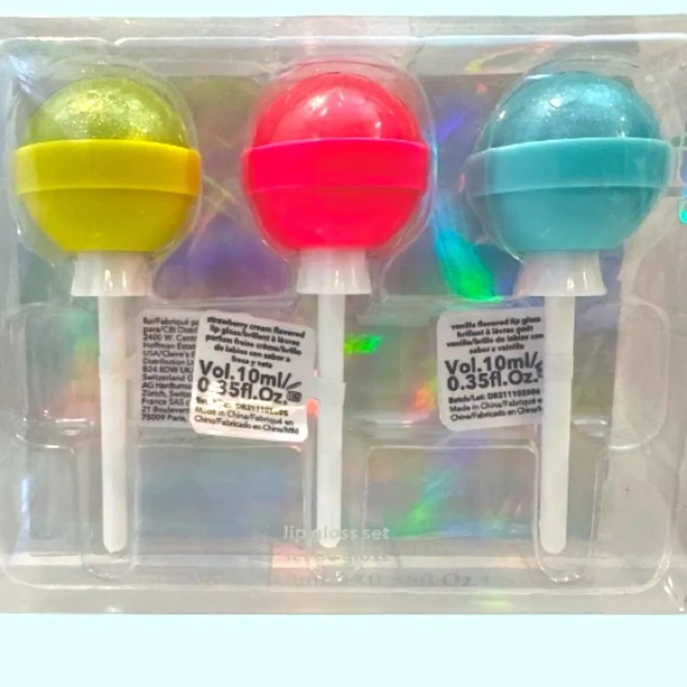 5/$25 Claire's Lip Gloss Set 3 Strawberry Vanilla Lollipops Yellow Pink Blue